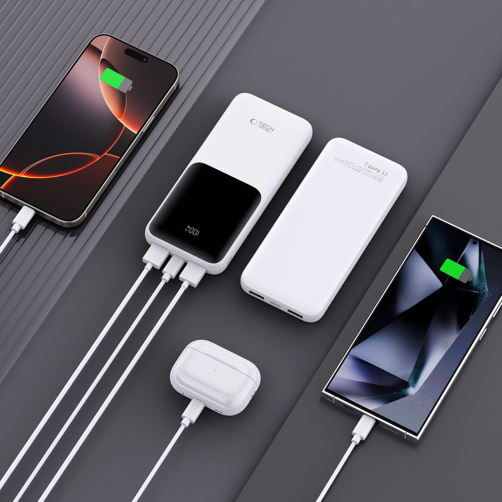 Vanjska baterija Tech-Protect PB01, 10000mAh, 22.5W, QC + PD, 1 x USB-C - 2 x USB-A, Bijela