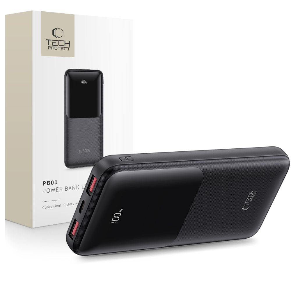Vanjska baterija Tech-Protect PB01, 10000mAh, 22.5W, QC + PD, 1 x USB-C - 2 x USB-A, Crna