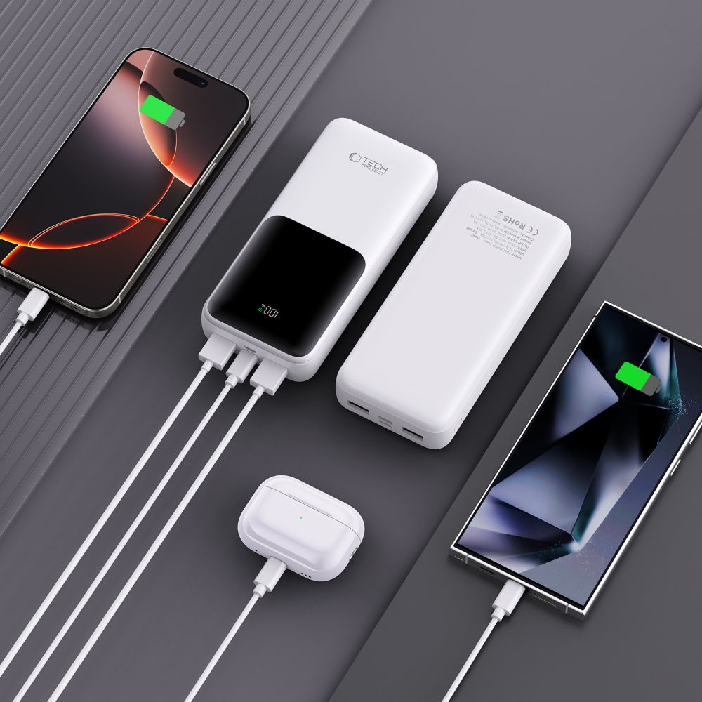 Vanjska baterija Tech-Protect PB02, 20000mAh, 22.5W, QC + PD, 1 x USB-C - 2 x USB-A, Bijela