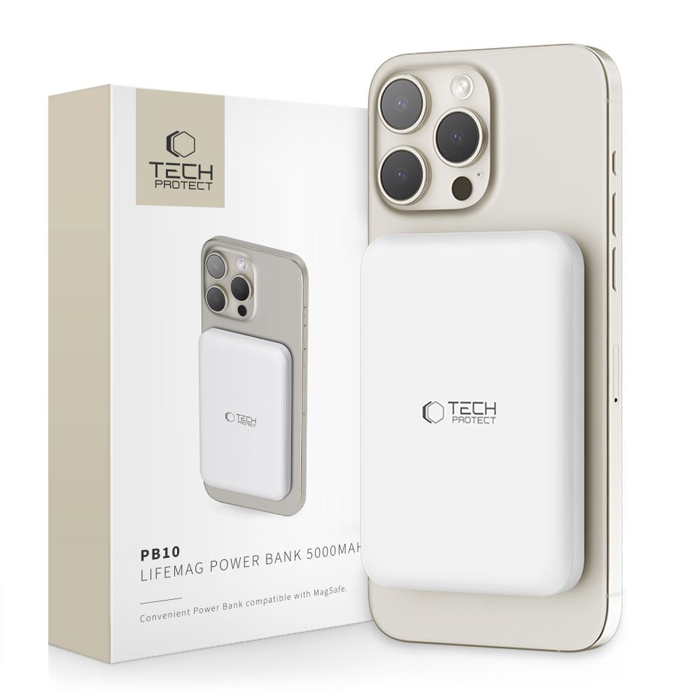 Vanjska baterija Wireless Tech-Protect PB10 LifeMag, 5000mAh, 15W, PD + FQI, 1 x QI - 1 x USB-C, Bijela