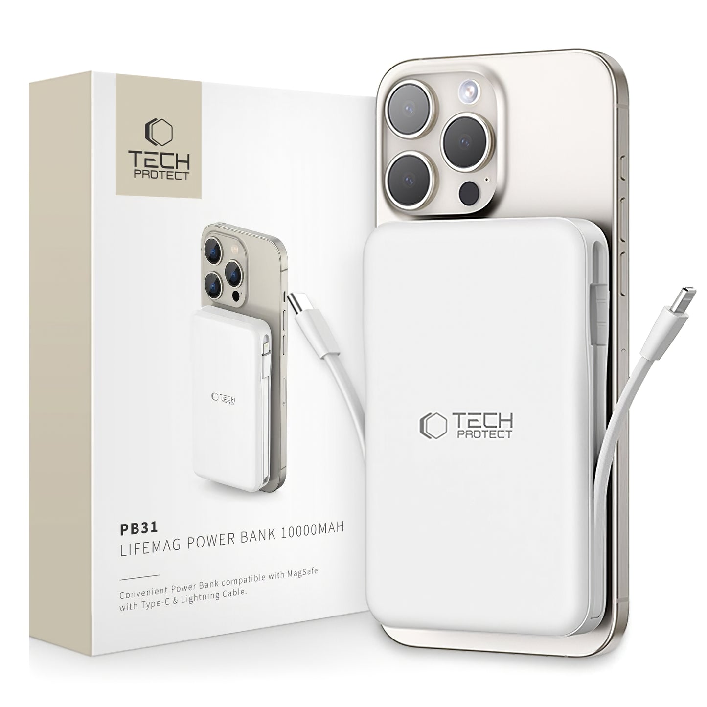 Vanjska baterija Wireless Tech-Protect PB31 LifeMag, 10000mAh, 15W, FQI, 1 x Lightning - 1 x QI - 1 x USB-A - 1 x USB-C, Bijela
