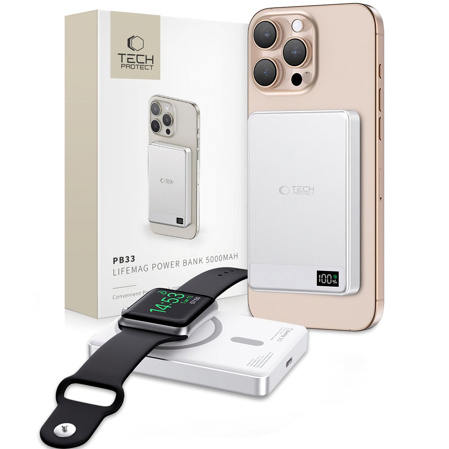 Vanjska baterija Wireless Tech-Protect PB33 LifeMag, 5000mAh, 15W, FQI, 1 x QI - 1 x USB-C, Siva
