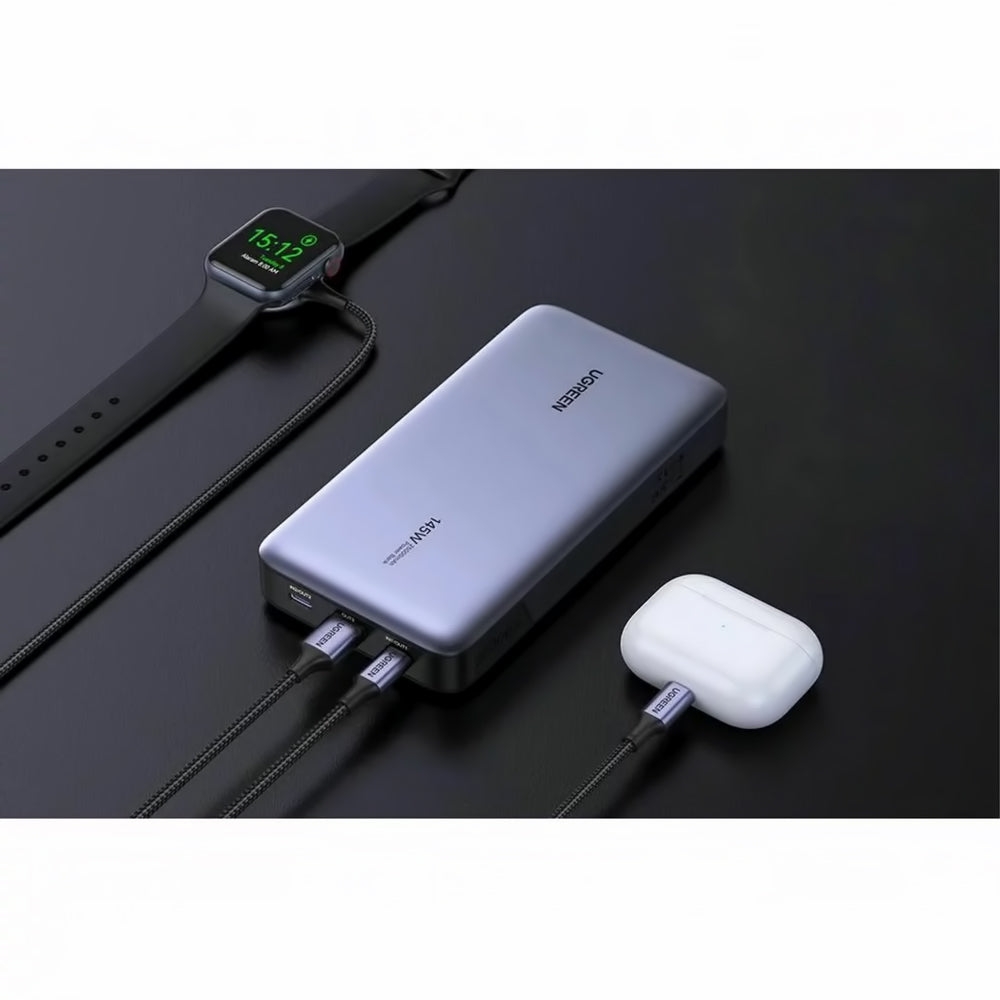 Vanjska baterija UGREEN PB205, 25000mAh, 145W, QC + PD, 1 x USB-A - 2 x USB-C, Siva