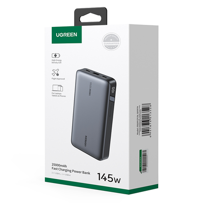 Vanjska baterija UGREEN PB205, 25000mAh, 145W, QC + PD, 1 x USB-A - 2 x USB-C, Siva