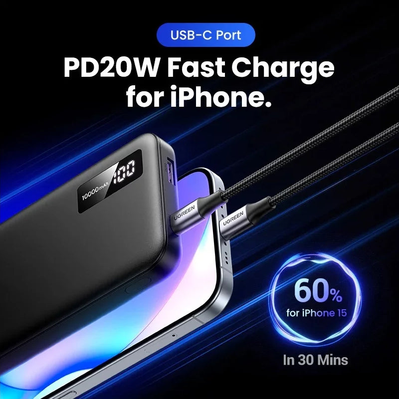 Vanjska baterija UGREEN PB311, 10000mAh, 22.5W, QC + PD, 1 x USB-C - 2 x USB-A, Crna