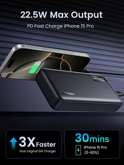 Vanjska baterija UGREEN PB312, 20000mAh, 22.5W, QC + PD, 1 x USB-C - 2 x USB-A, Crna
