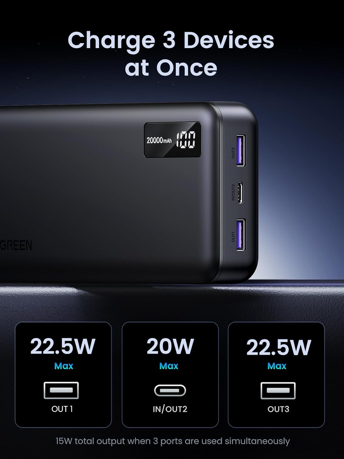Vanjska baterija UGREEN PB312, 20000mAh, 22.5W, QC + PD, 1 x USB-C - 2 x USB-A, Crna