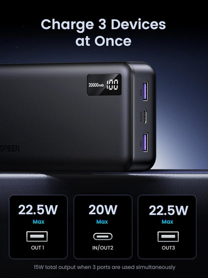 Vanjska baterija UGREEN PB312, 20000mAh, 22.5W, QC + PD, 1 x USB-C - 2 x USB-A, Crna