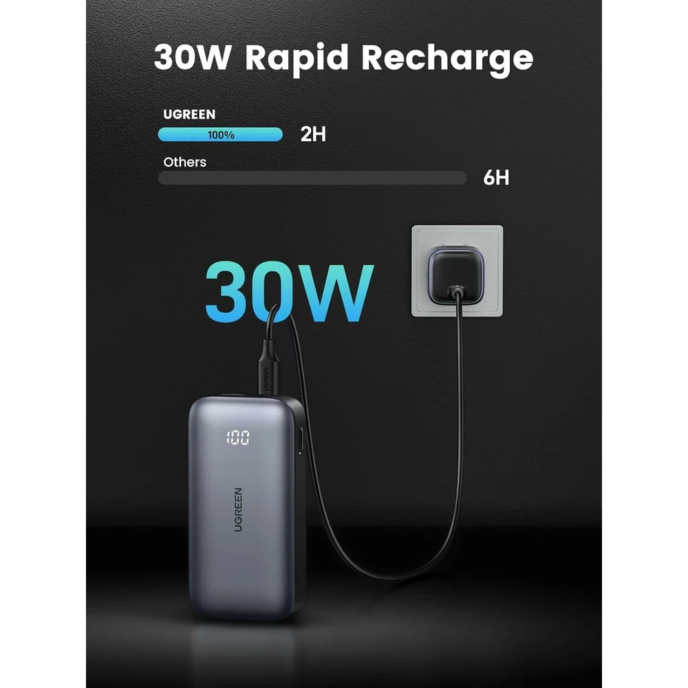 Vanjska baterija UGREEN PB502, 10000mAh, 30W, QC + PD, 1 x USB-A - 1 x USB-C, Siva