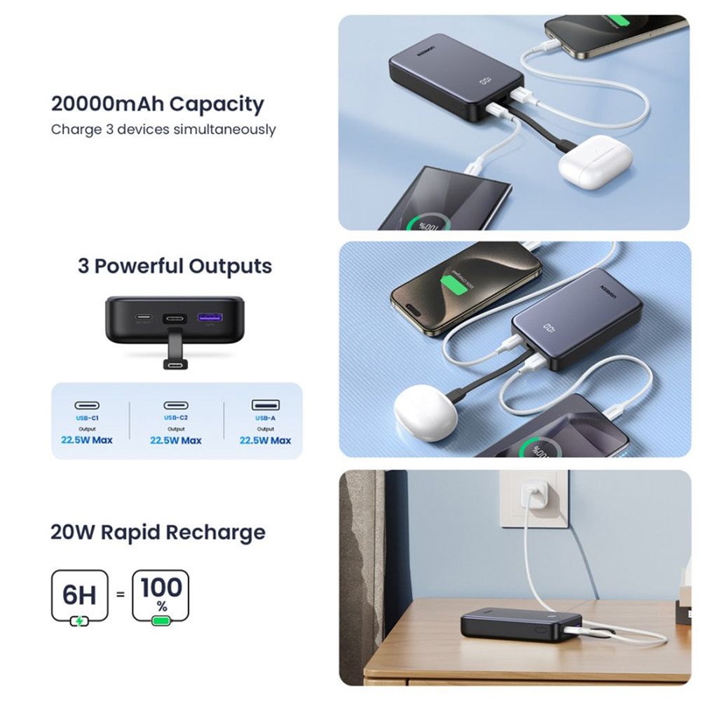 Vanjska baterija UGREEN PB505, 20000mAh, 22.5W, QC + PD, 1 x USB-A - 2 x USB-C, Siva