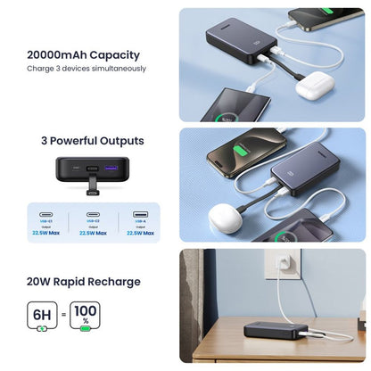 Vanjska baterija UGREEN PB505, 20000mAh, 22.5W, QC + PD, 1 x USB-A - 2 x USB-C, Siva