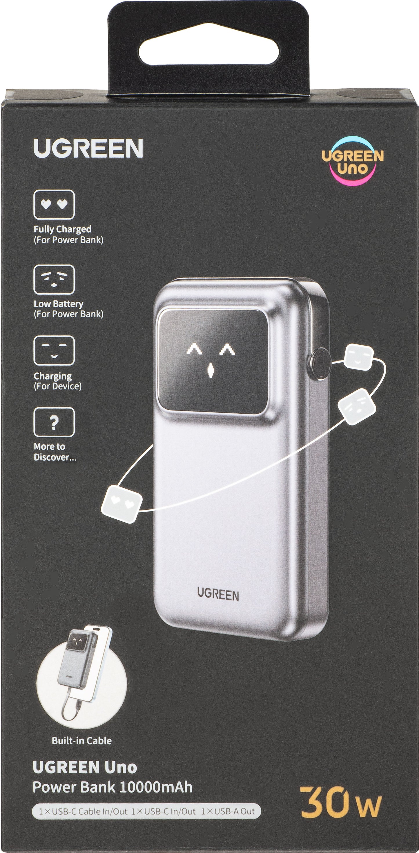 Vanjska baterija UGREEN PB511 Uno, 10000mAh, 30W, QC + PD, 1 x USB-A - 2 x USB-C, Siva