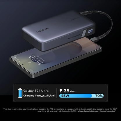 Vanjska baterija UGREEN PB550, 20000mAh, 67W, QC + PD, 1 x USB-A - 2 x USB-C, Siva