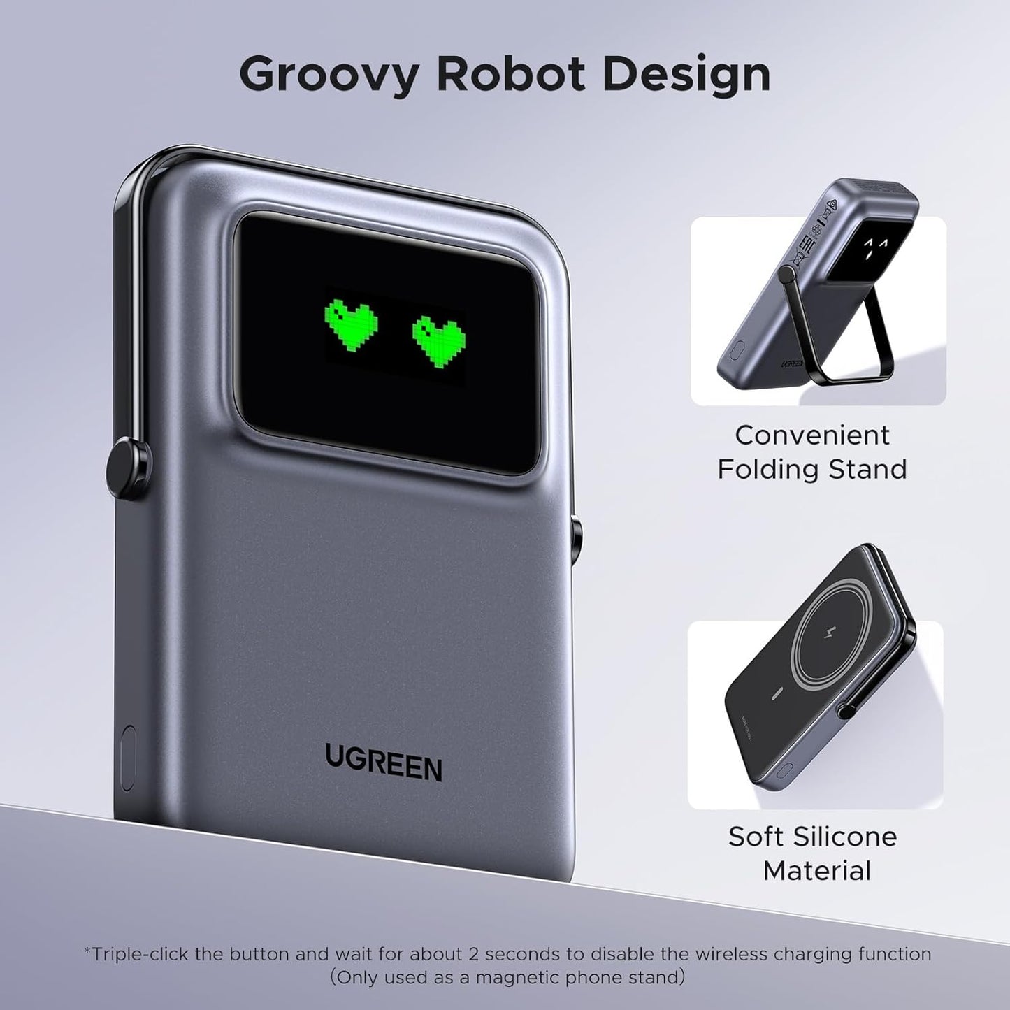 Vanjska bežična baterija UGREEN PB572 Uno, 10000mAh, 20W, PD + FQI, 1 x QI - 1 x USB-C, Siva