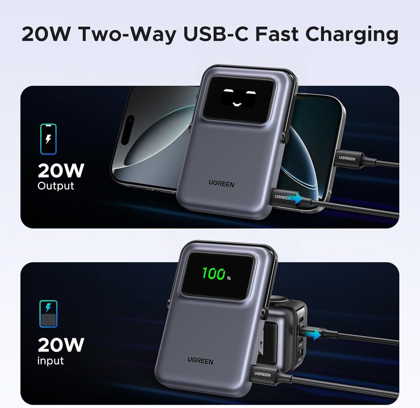 Vanjska bežična baterija UGREEN PB572 Uno, 10000mAh, 20W, PD + FQI, 1 x QI - 1 x USB-C, Siva
