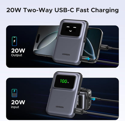 Vanjska bežična baterija UGREEN PB572 Uno, 10000mAh, 20W, PD + FQI, 1 x QI - 1 x USB-C, Siva