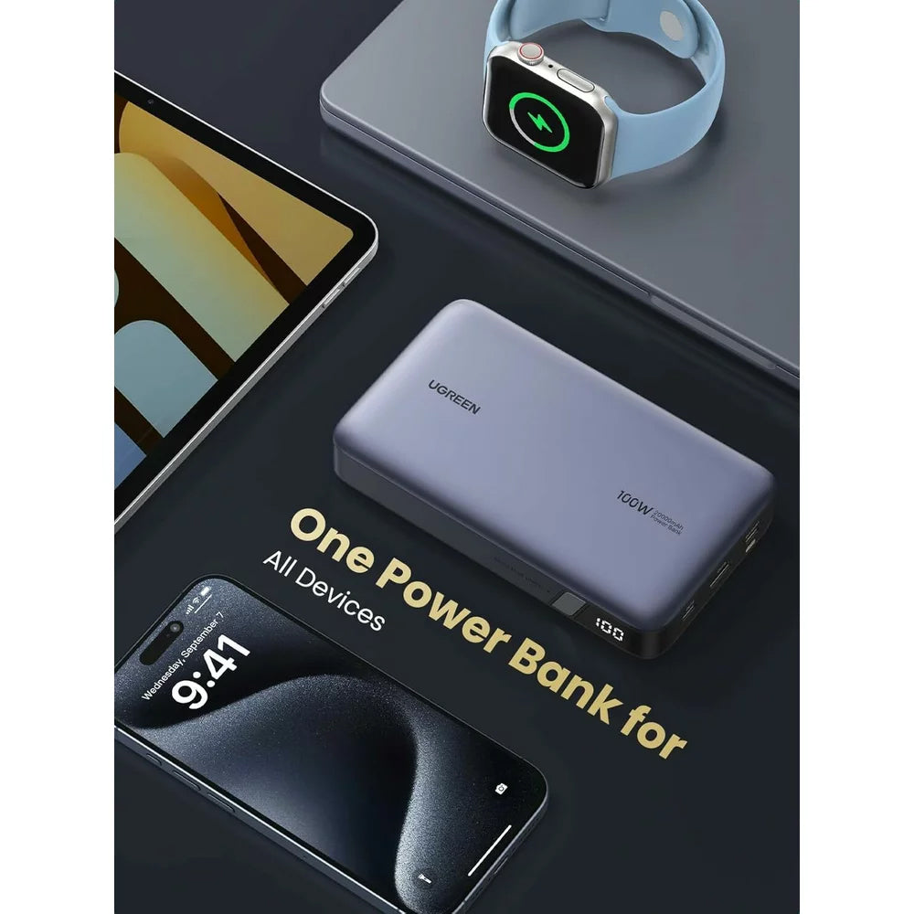 Vanjska baterija UGREEN PB720 Nexode, 20000mAh, 100W, QC + PD, 1 x USB-A - 2 x USB-C, Siva
