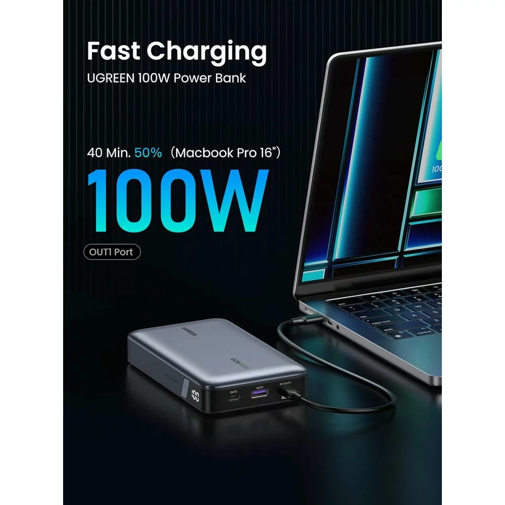 Vanjska baterija UGREEN PB720 Nexode, 20000mAh, 100W, QC + PD, 1 x USB-A - 2 x USB-C, Siva