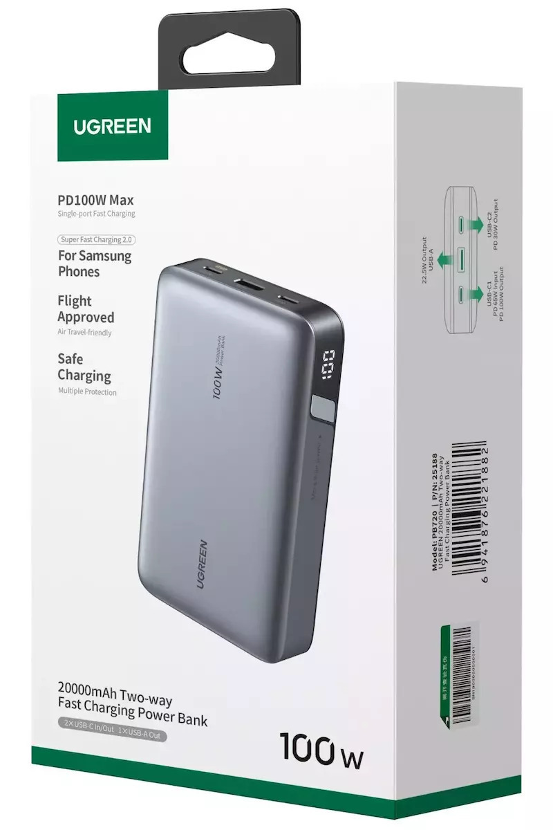 Vanjska baterija UGREEN PB720 Nexode, 20000mAh, 100W, QC + PD, 1 x USB-A - 2 x USB-C, Siva
