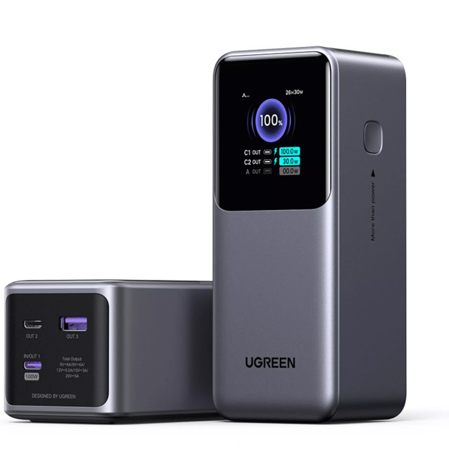 Vanjska baterija UGREEN PB721, 20000mAh, 130W, QC + PD, 1 x USB-A - 2 x USB-C, Siva