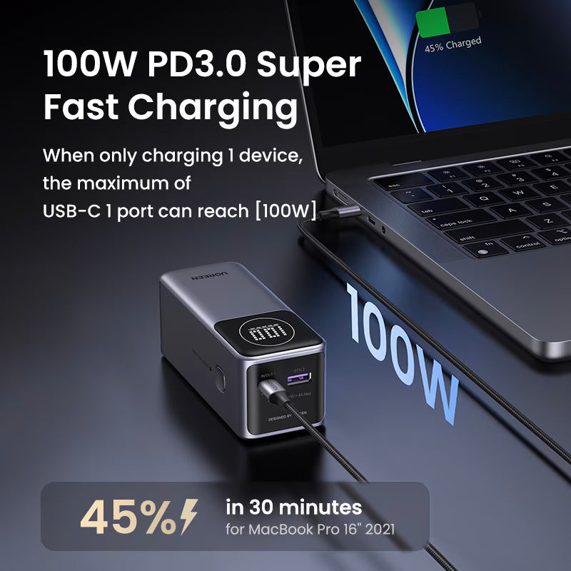 Vanjska baterija UGREEN PB724, 12000mAh, 100W, QC + PD, 1 x USB-A - 1 x USB-C, Siva