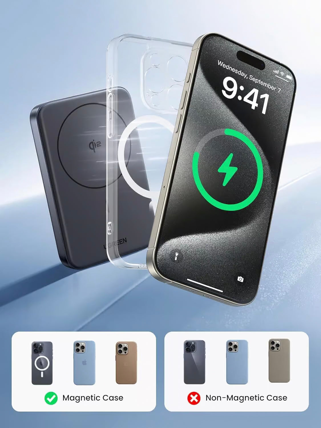 Vanjska baterija UGREEN PB761, 10000mAh, 30W, PD + FQI, 1 x QI - 1 x USB-C, Siva