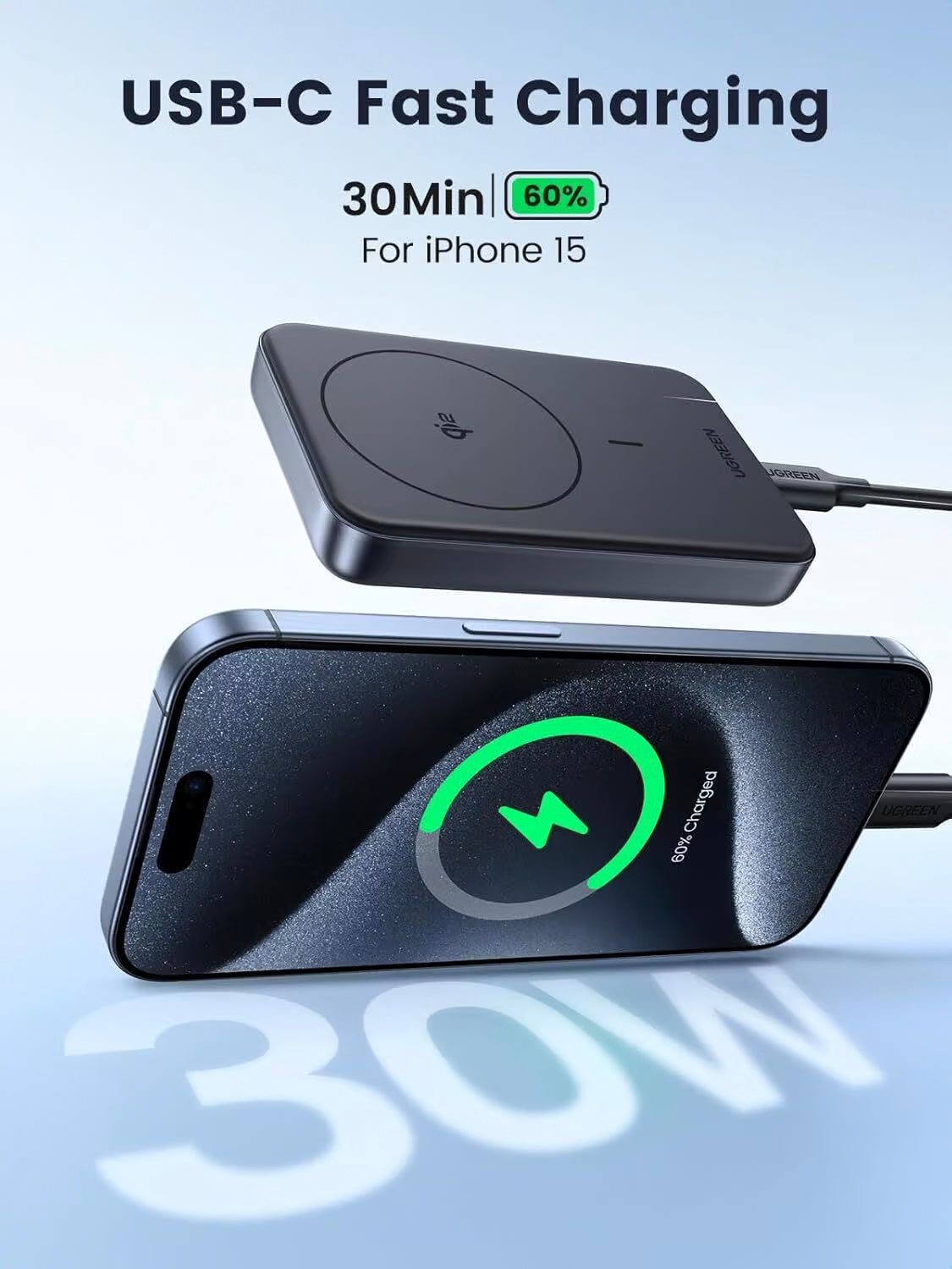 Vanjska baterija UGREEN PB761, 10000mAh, 30W, PD + FQI, 1 x QI - 1 x USB-C, Siva
