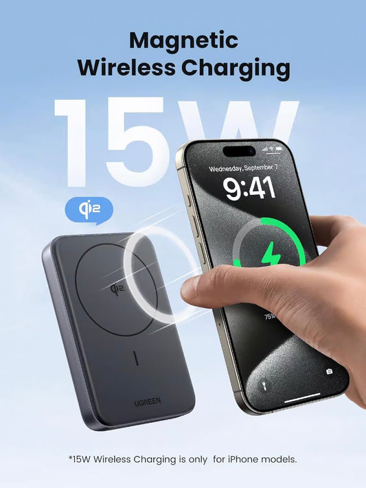 Vanjska baterija UGREEN PB761, 10000mAh, 30W, PD + FQI, 1 x QI - 1 x USB-C, Siva