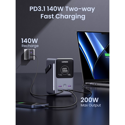 Vanjska baterija UGREEN PB770, 48000mAh, 300W, QC + PD, 2 x USB-A - 3 x USB-C, Siva, Obnovljena
