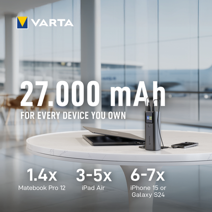 Vanjska baterija Varta High Speed, 27000mAh, 140W, QC + PD, 1 x USB-A - 2 x USB-C, Crna