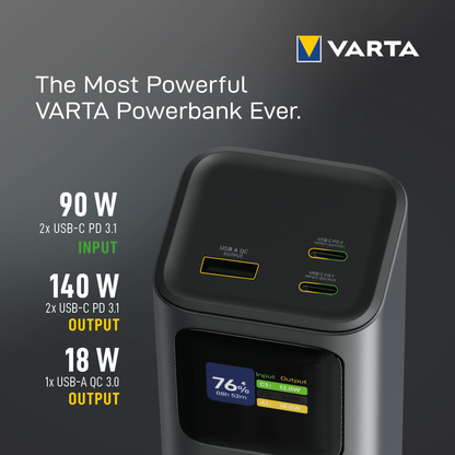 Vanjska baterija Varta High Speed, 27000mAh, 140W, QC + PD, 1 x USB-A - 2 x USB-C, Crna