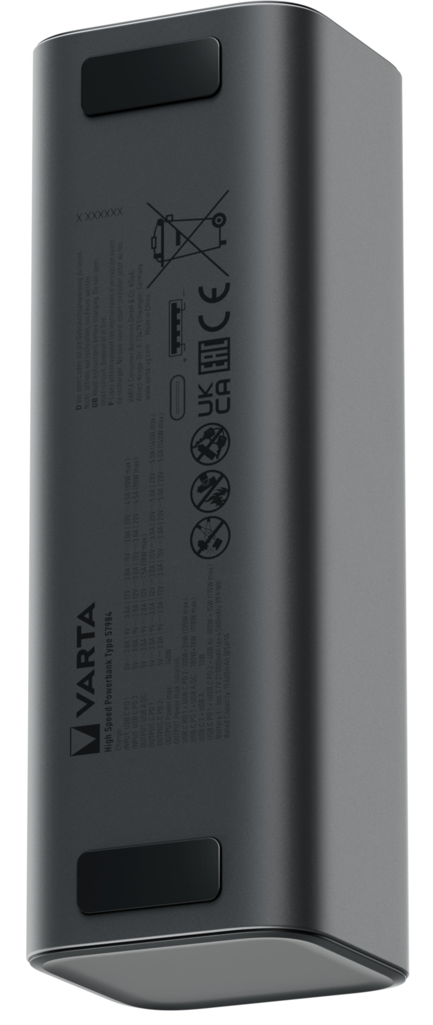 Vanjska baterija Varta High Speed, 27000mAh, 140W, QC + PD, 1 x USB-A - 2 x USB-C, Crna