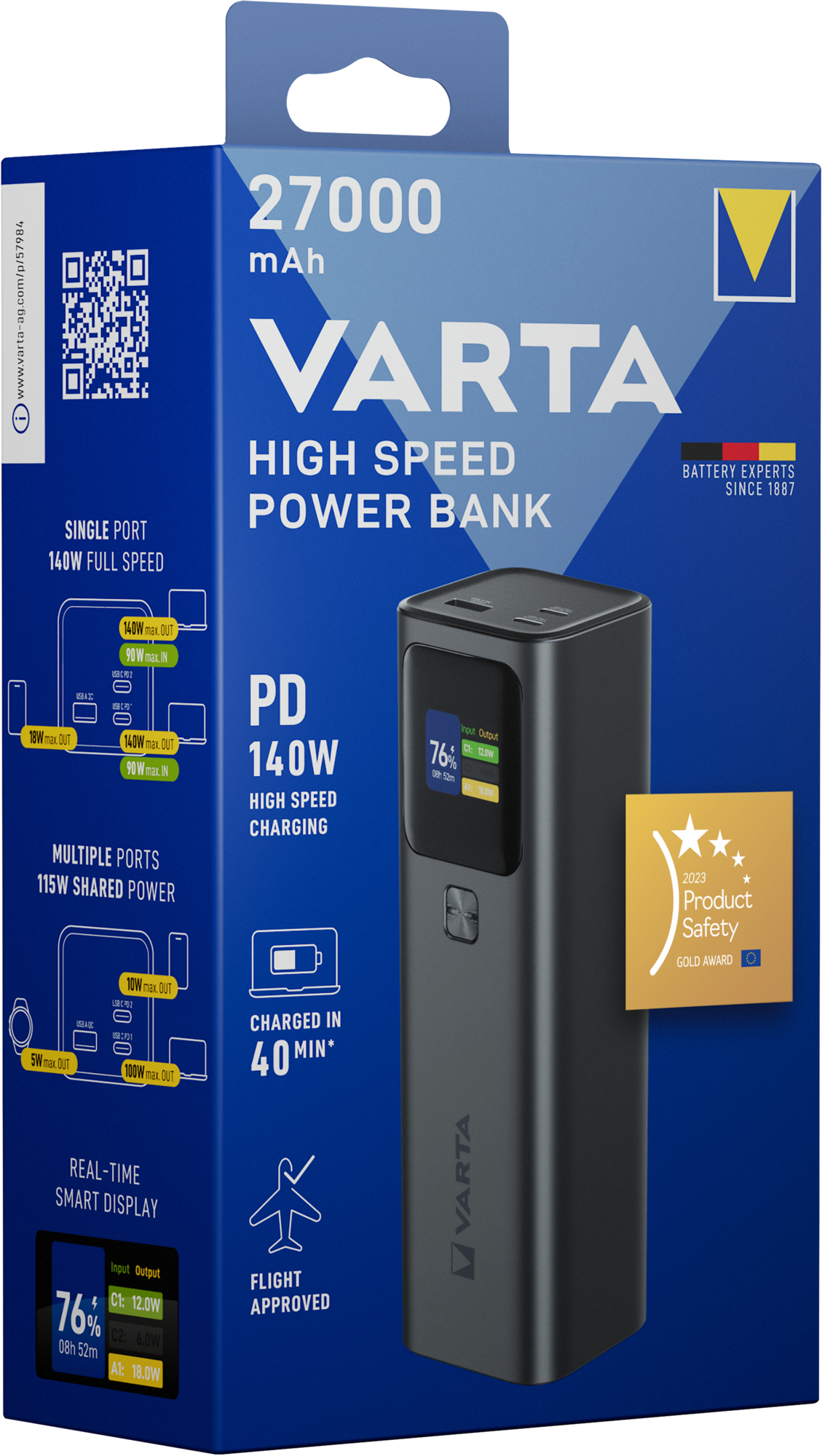 Vanjska baterija Varta High Speed, 27000mAh, 140W, QC + PD, 1 x USB-A - 2 x USB-C, Crna