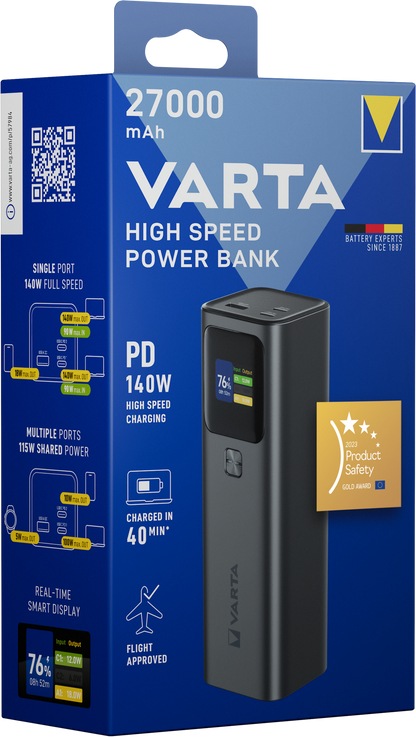 Vanjska baterija Varta High Speed, 27000mAh, 140W, QC + PD, 1 x USB-A - 2 x USB-C, Crna