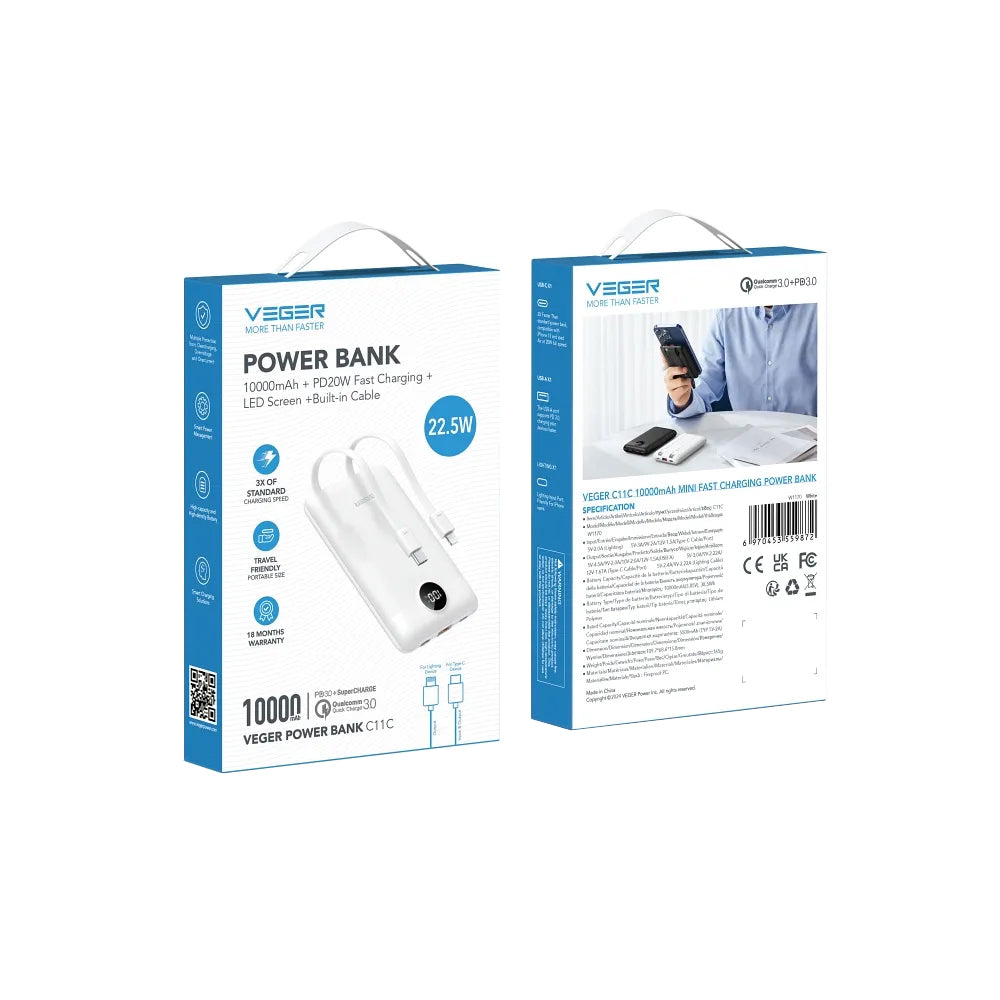 Vanjska baterija Veger C11C, 10000mAh, 22.5W, QC + PD, 1 x Lightning - 1 x USB-A - 2 x USB-C, Bijela