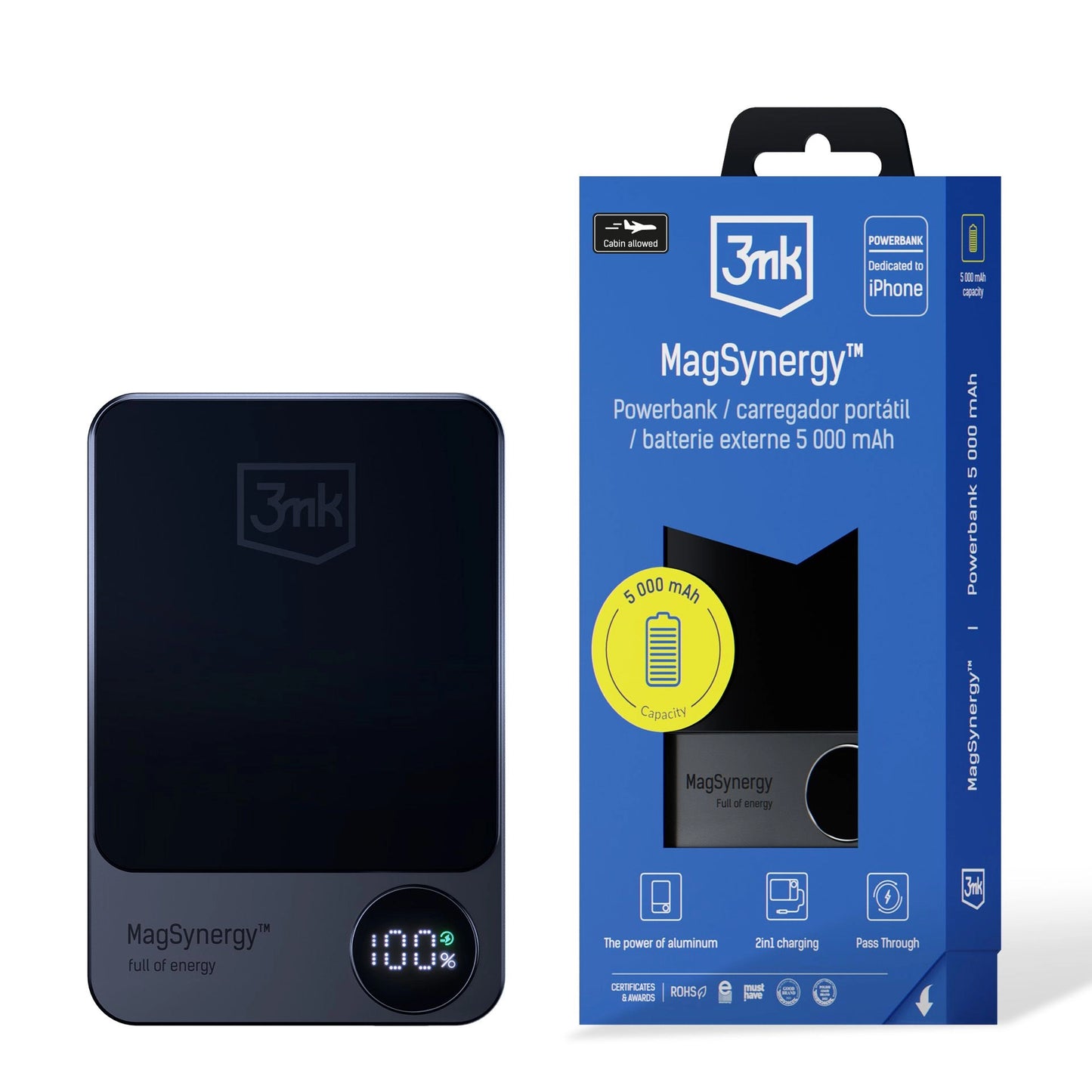 Vanjska baterija Wireless 3MK MagSynergy, 5000mAh, 18W, PD + FQI, 1 x QI - 1 x USB-C, Crna