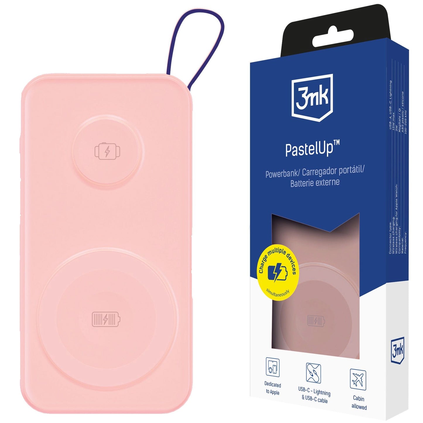 Vanjska baterija Wireless 3MK PastelUp, 10000mAh, 22.5W, QC + PD + FQI, 1 x USB-A - 1 x USB-C - 2 x QI, Roza