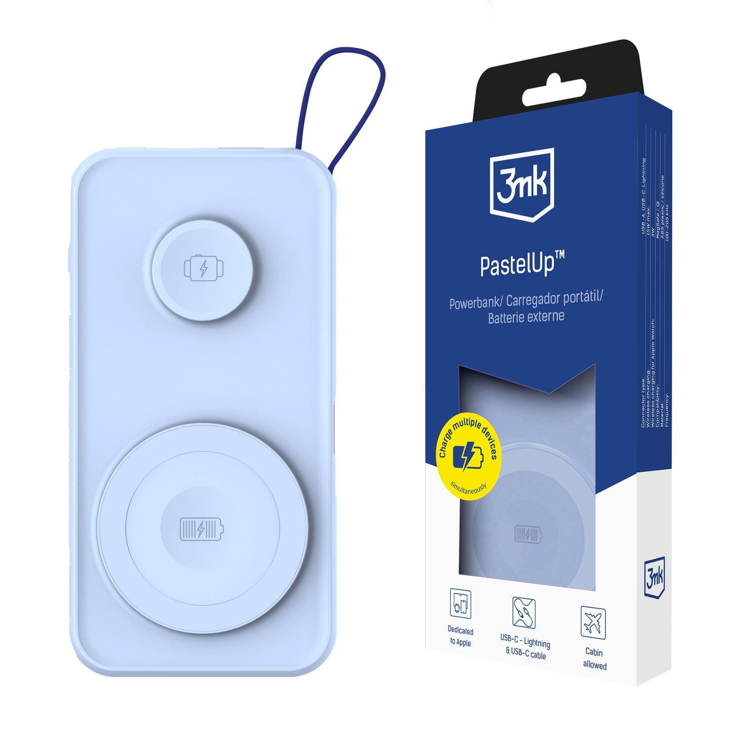 Vanjska baterija Wireless 3MK PastelUp, 10000mAh, 22.5W, QC + PD + FQI, 1 x USB-A - 1 x USB-C - 2 x QI, Plava