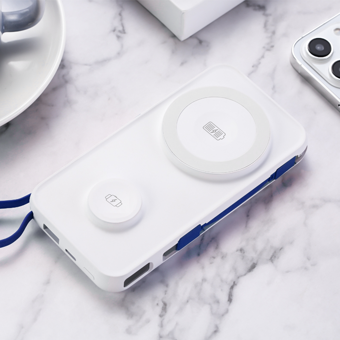 Vanjska bežična baterija 3MK PastelUp, 10000mAh, 22.5W, QC + PD + FQI, 1 x USB-A - 1 x USB-C - 2 x QI, Bijela