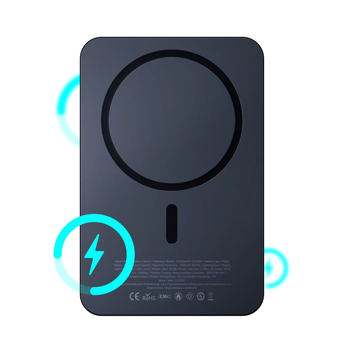 Vanjska baterija Wireless 3MK MagSynergy, 5000mAh, 18W, PD + FQI, 1 x QI - 1 x USB-C, Crna