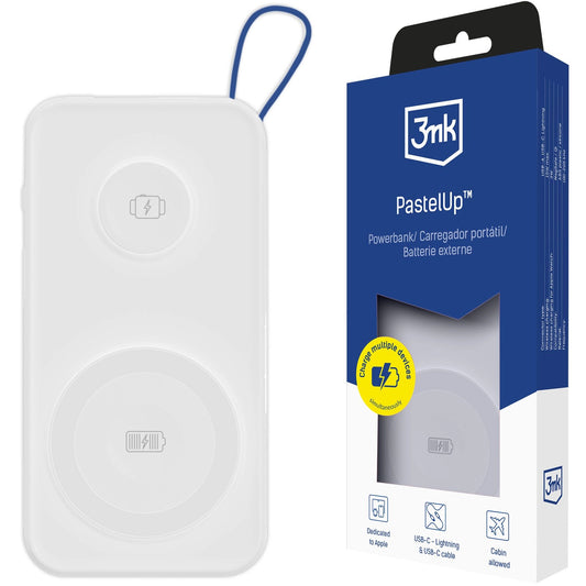 Vanjska bežična baterija 3MK PastelUp, 10000mAh, 22.5W, QC + PD + FQI, 1 x USB-A - 1 x USB-C - 2 x QI, Bijela
