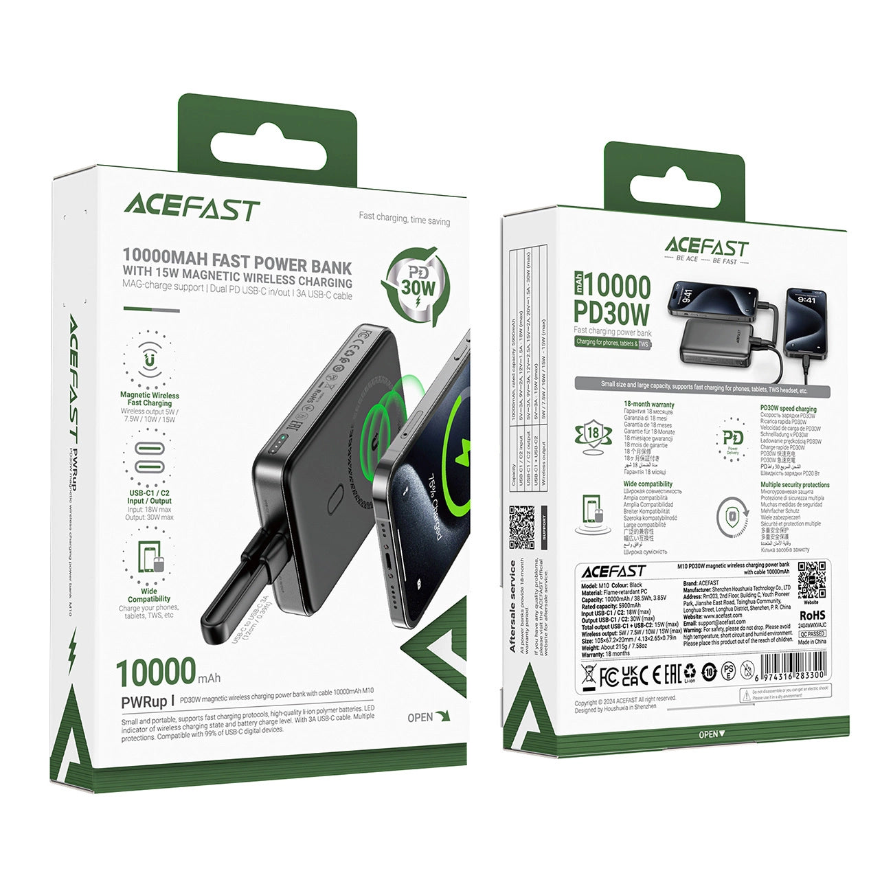 Vanjska bežična baterija Acefast M10, 10000mAh, 30W, PD + FQI, 1 x QI - 2 x USB-C, Crna