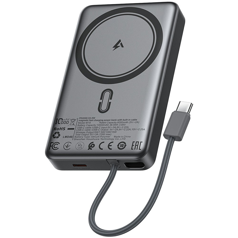 Vanjska bežična baterija Acefast M18, 10000mAh, 22.5W, PD + FQI, 1 x QI - 2 x USB-C, Crna