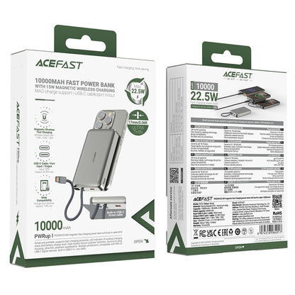 Vanjska bežična baterija Acefast M18, 10000mAh, 22.5W, PD + FQI, 1 x QI - 2 x USB-C, Crna