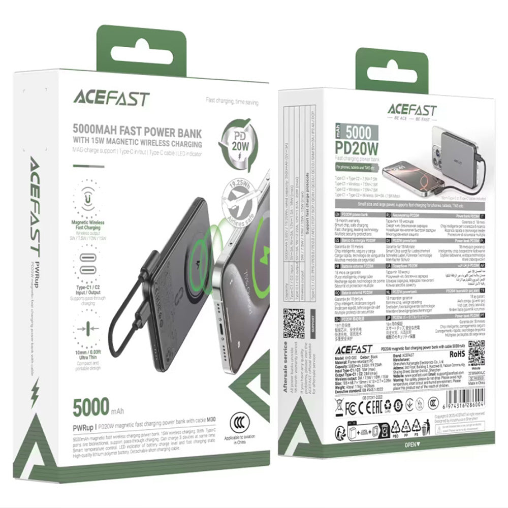 Vanjska baterija Wireless Acefast M30, 5000mAh, 20W, PD + FQI, 1 x QI - 2 x USB-C, Crna