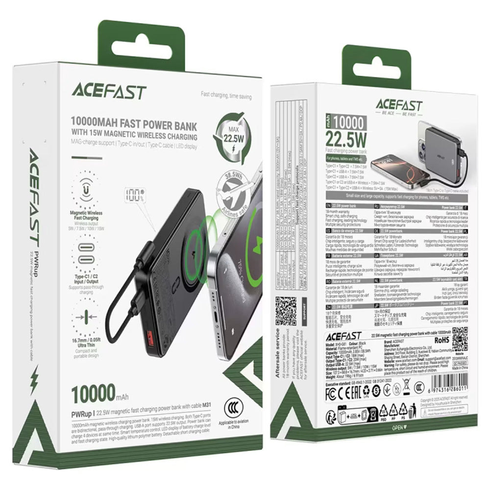 Vanjska baterija Wireless Acefast M31, 10000mAh, 22.5W, QC + PD + FQI, 1 x QI - 1 x USB-A - 2 x USB-C, Crna