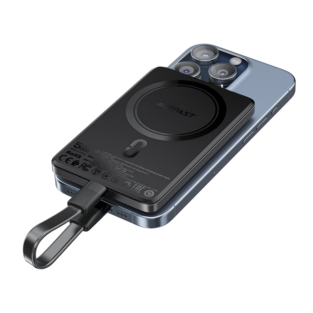 Bežična vanjska baterija Acefast M8, 5000mAh, 18W, PD + FQI, 1 x QI - 1 x USB-C, Crna