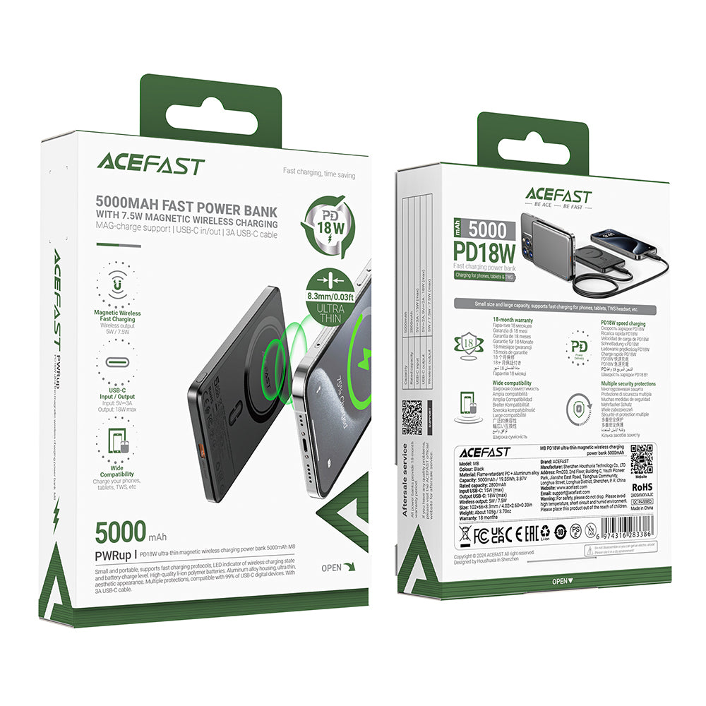 Bežična vanjska baterija Acefast M8, 5000mAh, 18W, PD + FQI, 1 x QI - 1 x USB-C, Crna