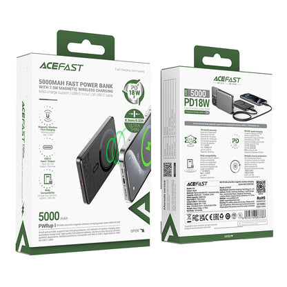 Bežična vanjska baterija Acefast M8, 5000mAh, 18W, PD + FQI, 1 x QI - 1 x USB-C, Crna