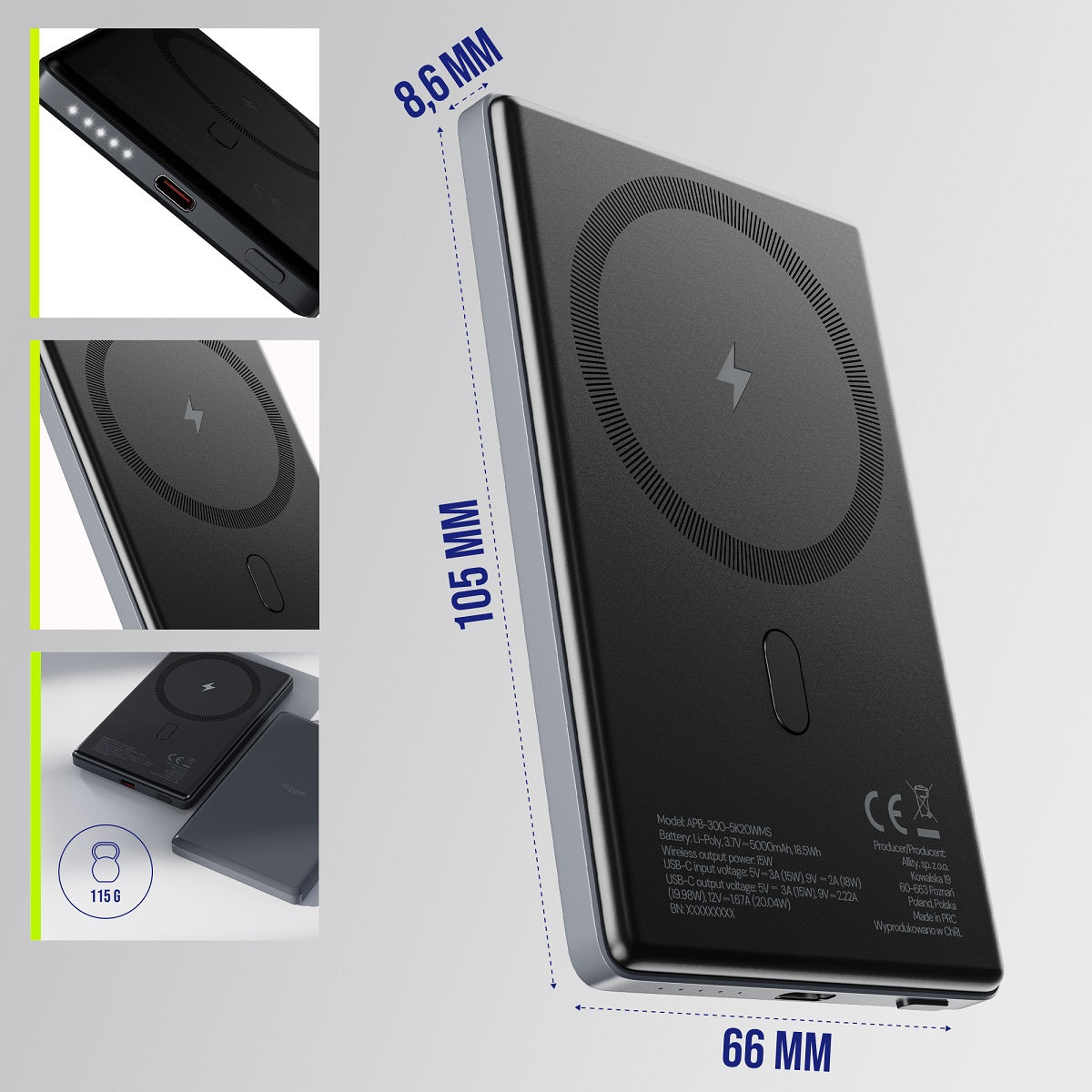 Vanjska baterija Wireless Allity. APB-300, 5000mAh, 20W, PD + QC, 1 x QI - 1 x USB-C, Siva